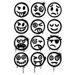 Graffiti Emoticon Faces Collection – Spray Paint Street Art in Black and White, Funny, Creepy, Angry, Weird Characters, Grunge Expressions