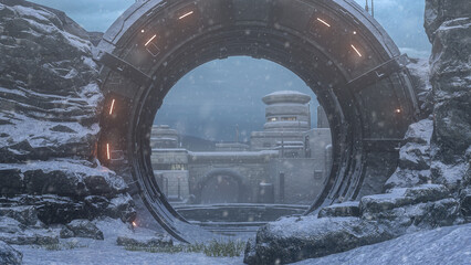 Sci-fi fantasy portal at a remote outpost in a winter landscape. 3D rendered illustration.