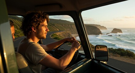 Naklejka premium Coastal Drive at Sunset: A Couple's Road Trip Adventure