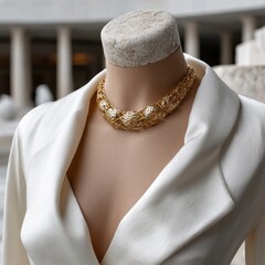 A gold necklace is displayed on a mannequin's neck