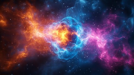 Electrons merging in a colorful display of nuclear fusion , atoms, fusion reactions, energy, science, physics, plasma Plasma Illustration