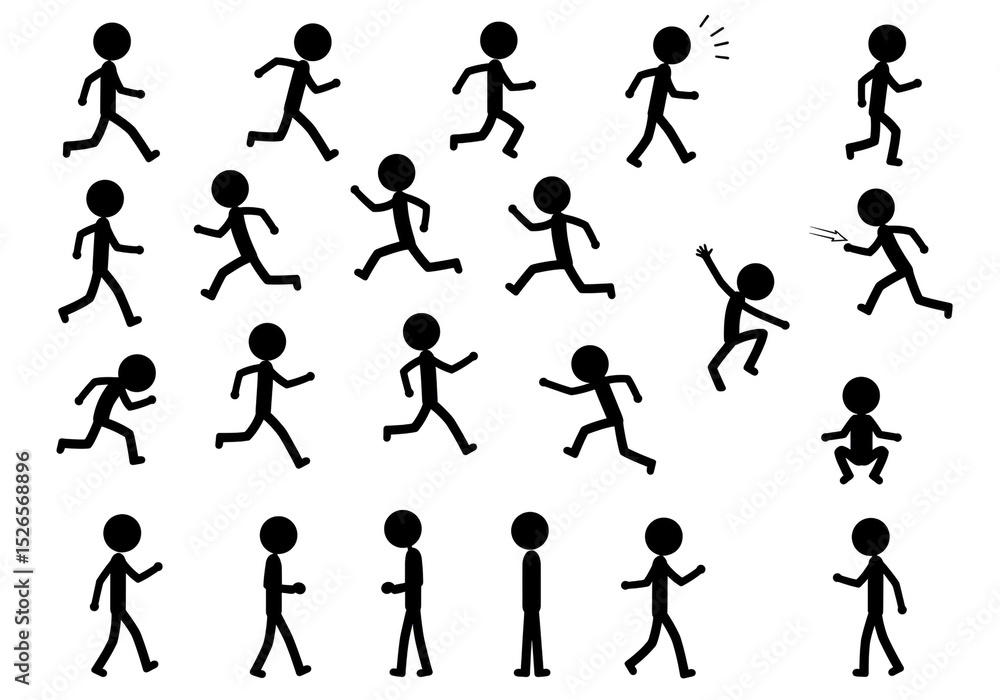 Poster a collection of stick figures in various poses including running jumping and standing on a white bac