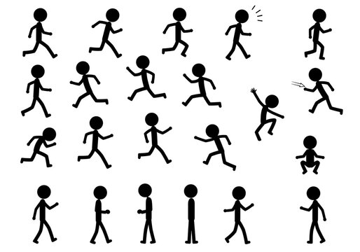 A collection of stick figures in various poses including running jumping and standing on a white background