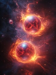 Glowing plasma spheres representing nuclear fusion reactions with energy bursts and particle collisions