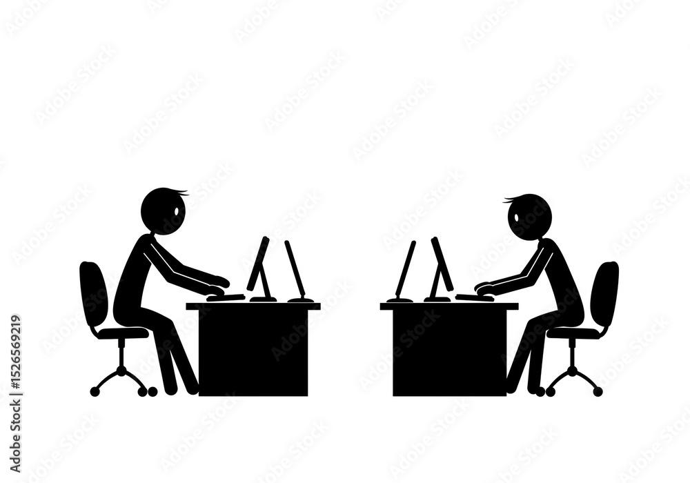 Poster two stick figures working at computers in black and white office environment illustration style imag
