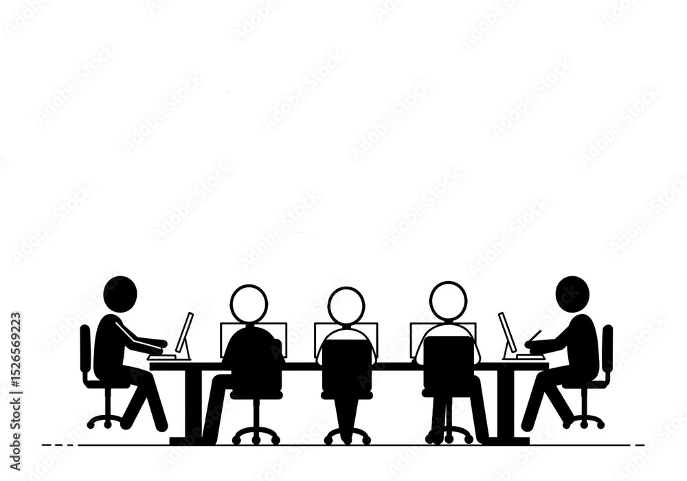 Poster a group of stick figures sitting at a long table working on laptops in a minimalist black and white 
