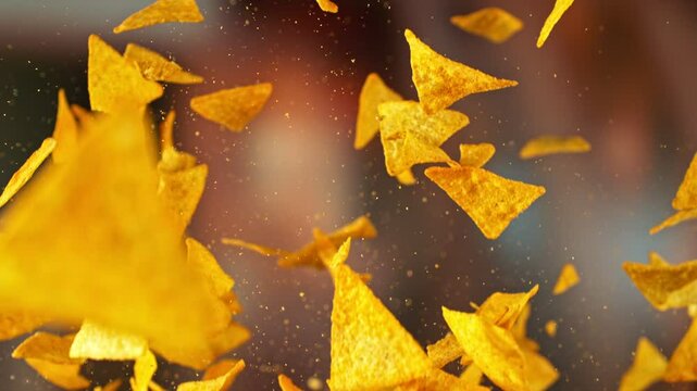 Super Slow Motion of Flying Pepper Tortilla Chips. Abstract Blur Interior on Background. Filmed on High Speed Cinema Camera , 1000fps. Camera in Motion. Speed Ramp Effect.