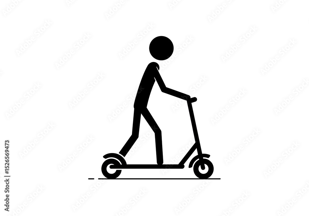 Poster a simple black stick figure riding a scooter on a white background in a minimalist style image