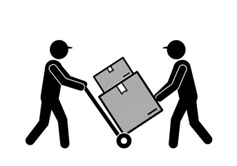 Two stick figures moving boxes with a hand truck in a black and white minimalist illustration