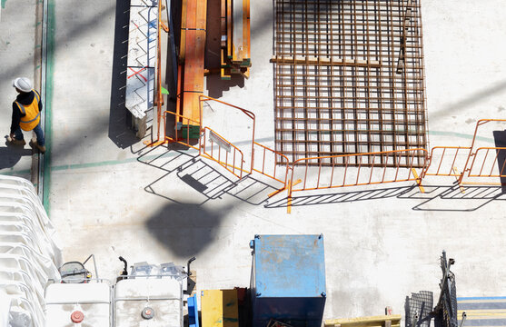 Overhead view of a construction site with construction worker