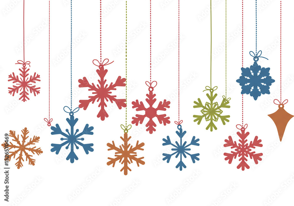 Poster assorted colorful snowflakes and a single ornament hanging from strings on a white background