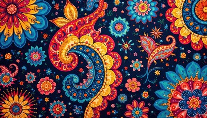 Bold, abstract paisley print with contrasting color accents , retro, pattern, illustration