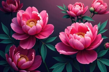 Bold blooming peony wallpaper design, rich jewel tones, purple, full bloom, spring