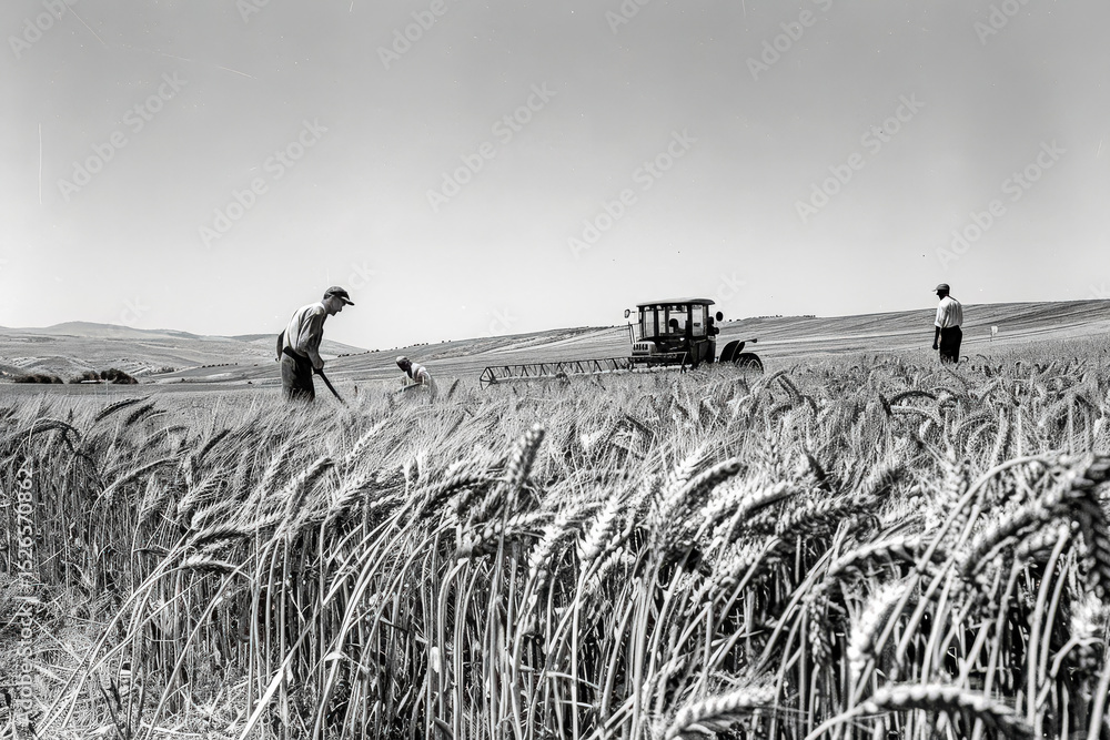 Poster man is working in a field of wheat
