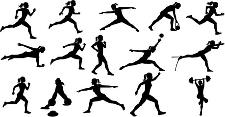 Set collection of various woman sports exercising silhouettes isolated vector design
