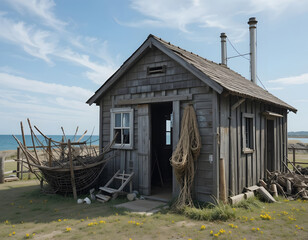 Rustic coastal fishing shack with a woven boat and ocean backdrop on a sunny day