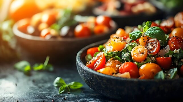 Fresh and vibrant tomato salad with basil in a dark bowl.