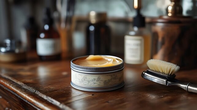 A jar of shaving cream and a brush on a wooden table, representing grooming.