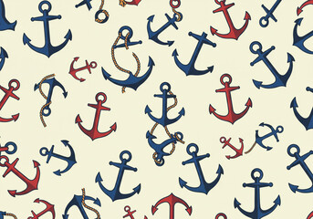 Seamless pattern featuring red and blue anchors with ropes on a light beige background design element