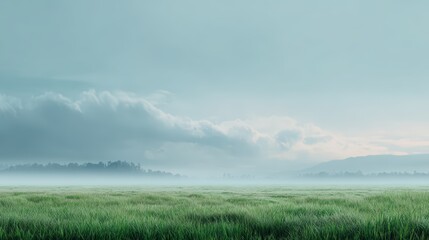 Wide Open Grassy Field with Gentle Fog and Soft Blue Sky