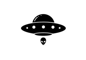 A black and white illustration of a ufo with an alien head underneath it on a white background