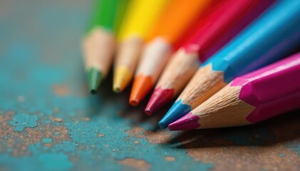 Close-up vibrant colored pencils, sharpened tips, art materials, painting, creativity