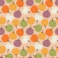 Seamless pattern of colorful purple, green, yellow, white, orange pumpkins. Flat style. Hand drawn Vector illustration.