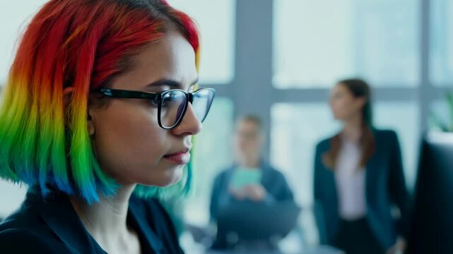 Young Caucasian woman with multi colored dread locks in front of laptop monitor in office. Concentrated on the screen, she exemplifies dedication, her vibrant hair reflecting her creative spirit.
