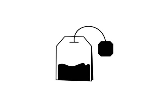 A simple black and white graphic illustration of a tea bag with a string and tag on a white background
