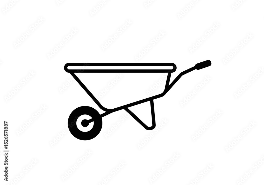 Poster a simple line drawing of a wheelbarrow with a black wheel on a white background image design