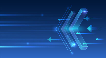 A futuristic background with vibrant 3D arrows and geometric lines moving across the horizon. The abstract design symbolizes data transfer, speed, technological flow and digital communication.