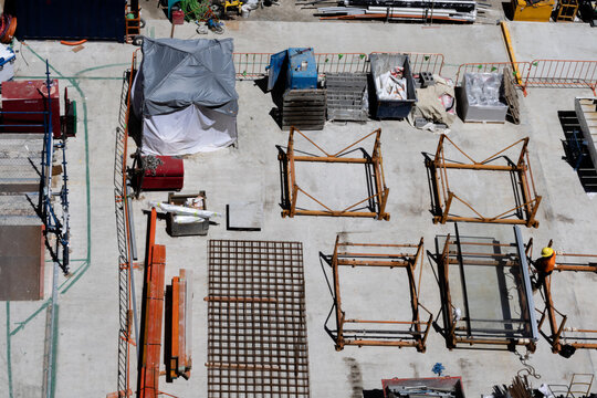 Overhead view of a construction site with construction worker
