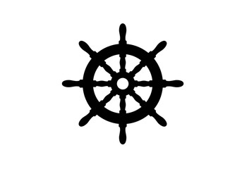 A black ship wheel with eight handles centered on a white background in a simple illustration
