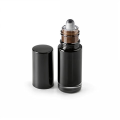 Black essential oil roller bottle with cap open on white background  