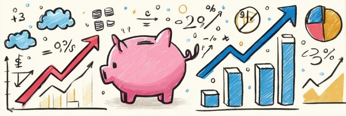 Understanding Compound Interest With Growth Arrows, Math Symbols, and a Piggy Bank Illustration for Financial Education