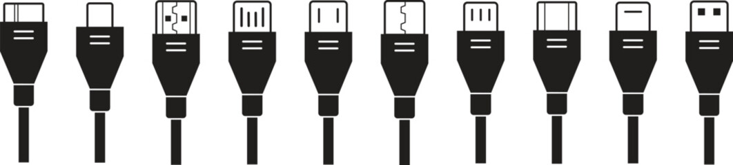USB cable connector icon set. USB type C, A lightning and micro usb phone charger vector collection isolated transparent. Plug adapter symbol. Electronic device connector. Smartphone charger signs.