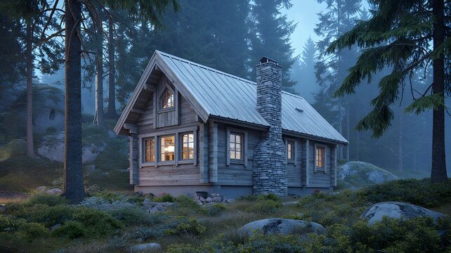 Cozy cabin in misty alpine forest with pine trees, mossy rocks, and warm light in a tranquil mountain setting.