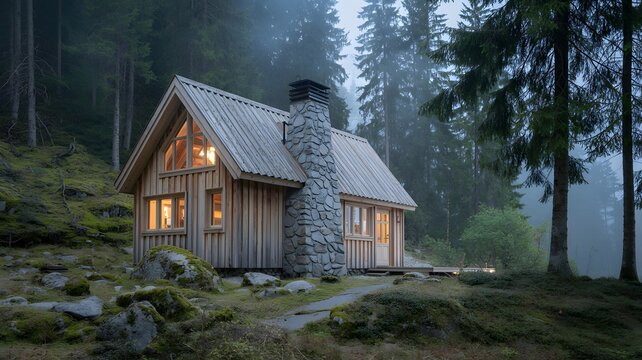 Cozy cabin in misty alpine forest with pine trees, mossy rocks, and warm light in a tranquil mountain setting. - Powered by Adobe