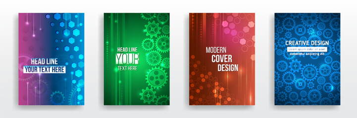 A collection of modern abstract flyer and brochure designs featuring hexagons, gears, light effects and gradients. Perfect for tech, engineering or business themed presentations and templates.