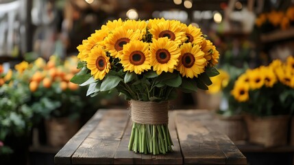A gorgeous bouquet of sunflowers, perfectly displayed on a rustic wooden table.