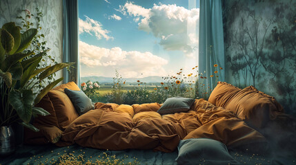 Cozy unmade bed with golden autumn blankets beside large window overlooking peaceful countryside landscape with wildflowers and morning light