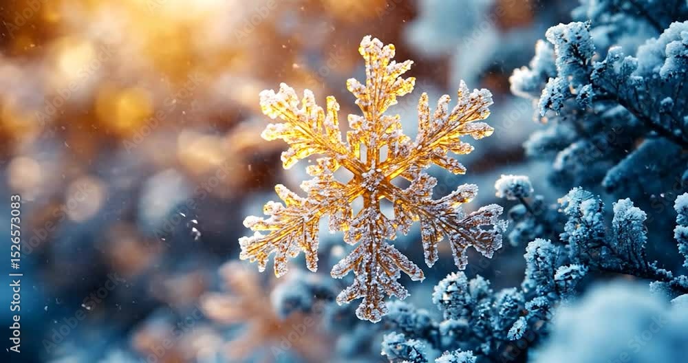 Poster close-up of a golden snowflake on a frosted evergreen branch with a blurred background. lighting is 