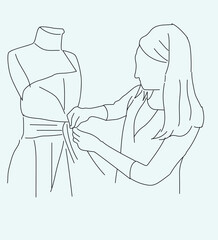woman putting clothes on mannequin. Fashion designer atelier. Woman near mannequin putting on dress. Studio and workshop. line art