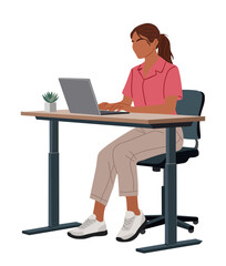 Vector illustration of a young woman working on a laptop, sitting at a desk. Modern office scene with ergonomic chair, indoor plant, and casual outfit. Remote work or freelance lifestyle concept