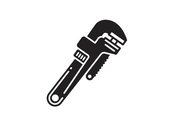 A black and white graphic illustration of a pipe wrench on a white background in a diagonal view