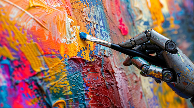 robotic hand of artificial intelligence, generating an abstract oil painting with a brush and oil paint. creativity and sensitivity with ai, and plagiarism or copyright issues
