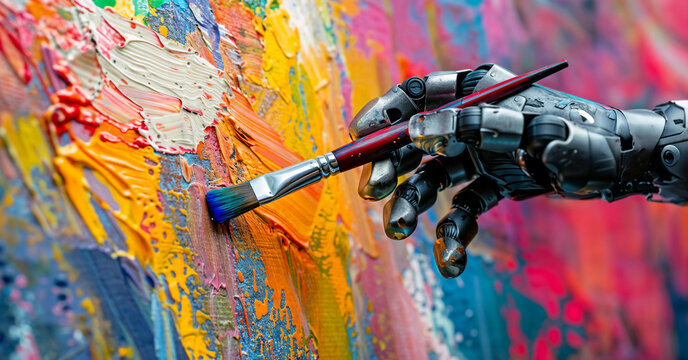 Robotic hand of a cyborg with artificial intelligence, painting an abstract picture with a brush and paint on the canvas. Creativity and image generation with AGI
