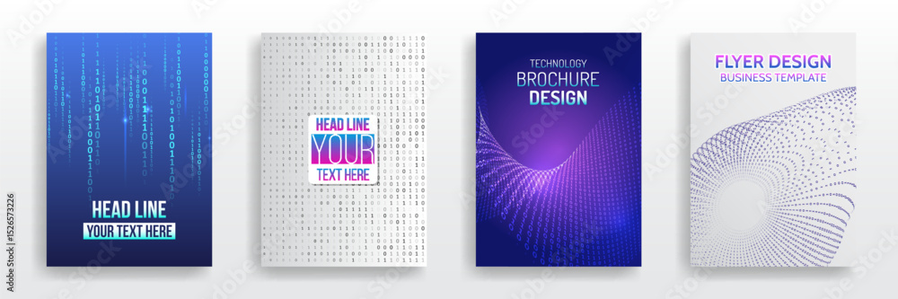 Leinwandbilder Collection of abstract technology flyer and brochure templates with binary code patterns, digital waveforms, and modern gradient backgrounds. Perfect for tech events, reports, or software design.