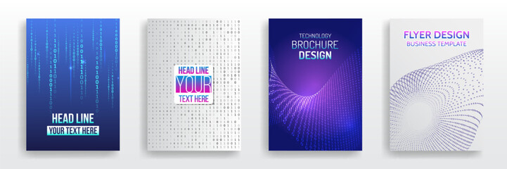Collection of abstract technology flyer and brochure templates with binary code patterns, digital waveforms, and modern gradient backgrounds. Perfect for tech events, reports, or software design.