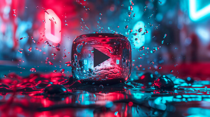 Youtube logo encased in water droplet cube with splashing liquid against neon red and blue background. Creative social media concept with dynamic water effects and vibrant aesthetics for influencers